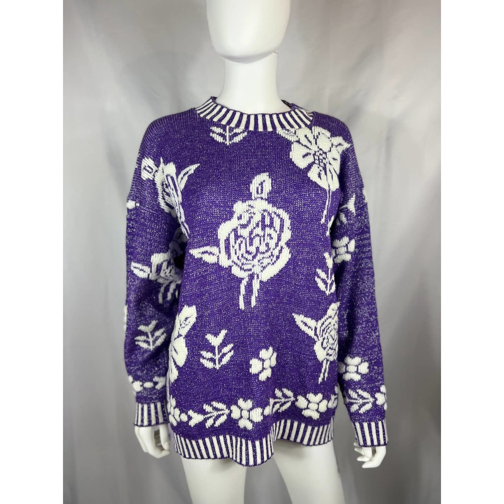 1990's Purple/White/Silver Rose Sweater